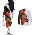 Australia ANZAC Day Couples Matching Off The Shoulder Long Sleeve Dress and Long Sleeve Button Shirt Boots And Slouch Hat Lest We Forget - Aussie Hoodie