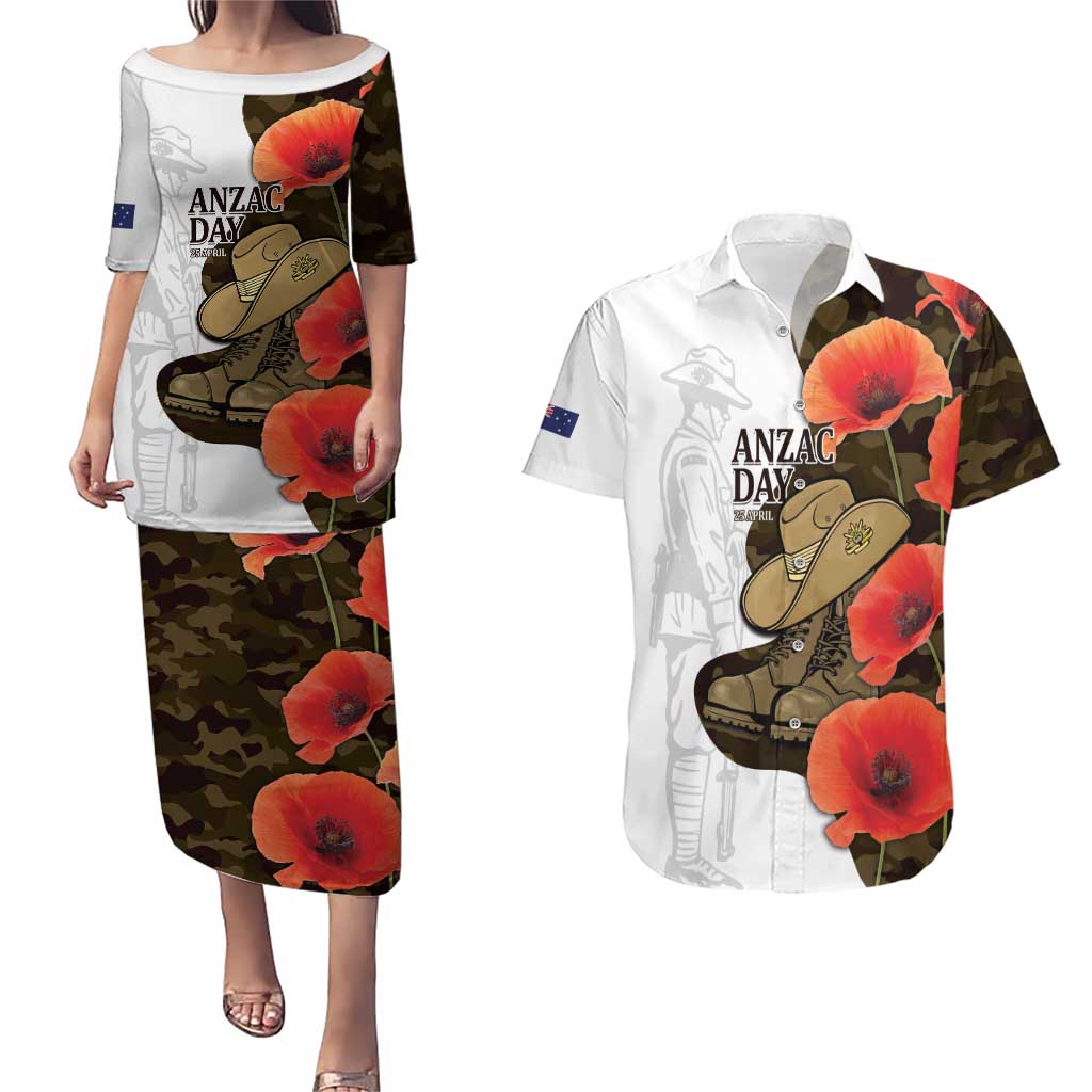 Australia ANZAC Day Couples Matching Puletasi and Hawaiian Shirt Boots And Slouch Hat Lest We Forget - Aussie Hoodie