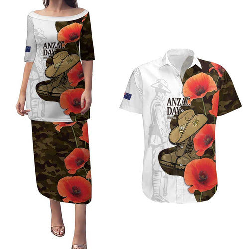 Australia ANZAC Day Couples Matching Puletasi and Hawaiian Shirt Boots And Slouch Hat Lest We Forget - Aussie Hoodie