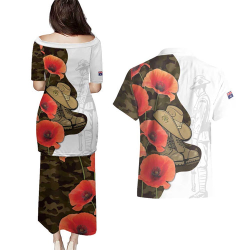Australia ANZAC Day Couples Matching Puletasi and Hawaiian Shirt Boots And Slouch Hat Lest We Forget - Aussie Hoodie