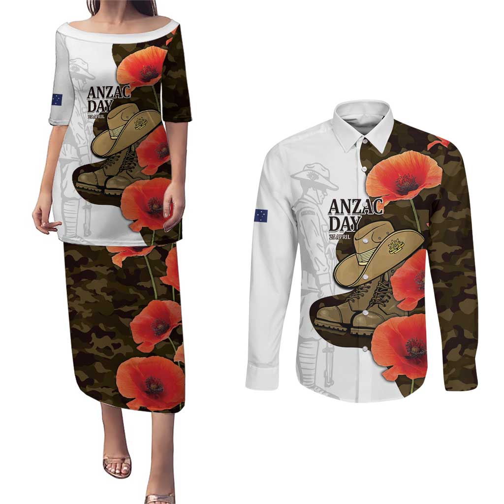 Australia ANZAC Day Couples Matching Puletasi and Long Sleeve Button Shirt Boots And Slouch Hat Lest We Forget - Aussie Hoodie