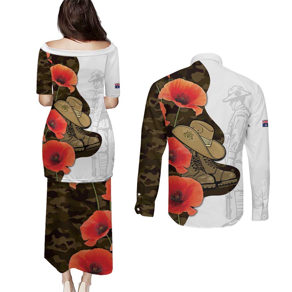 Australia ANZAC Day Couples Matching Puletasi and Long Sleeve Button Shirt Boots And Slouch Hat Lest We Forget - Aussie Hoodie