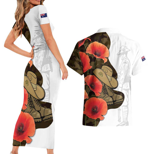 Australia ANZAC Day Couples Matching Short Sleeve Bodycon Dress and Hawaiian Shirt Boots And Slouch Hat Lest We Forget - Aussie Hoodie