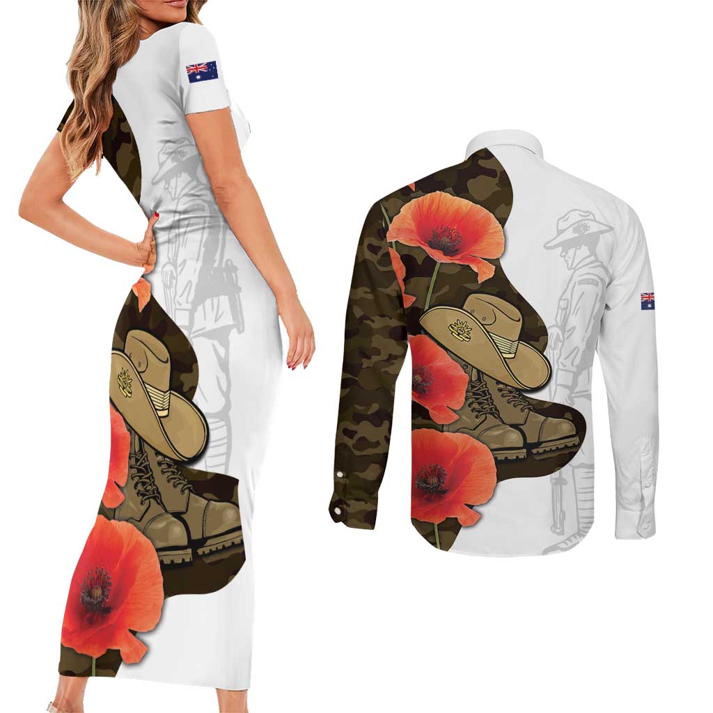 Australia ANZAC Day Couples Matching Short Sleeve Bodycon Dress and Long Sleeve Button Shirt Boots And Slouch Hat Lest We Forget - Aussie Hoodie