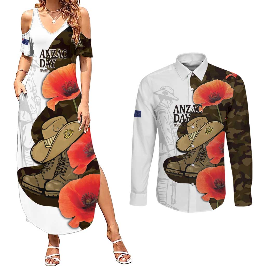 Australia ANZAC Day Couples Matching Summer Maxi Dress and Long Sleeve Button Shirt Boots And Slouch Hat Lest We Forget - Aussie Hoodie