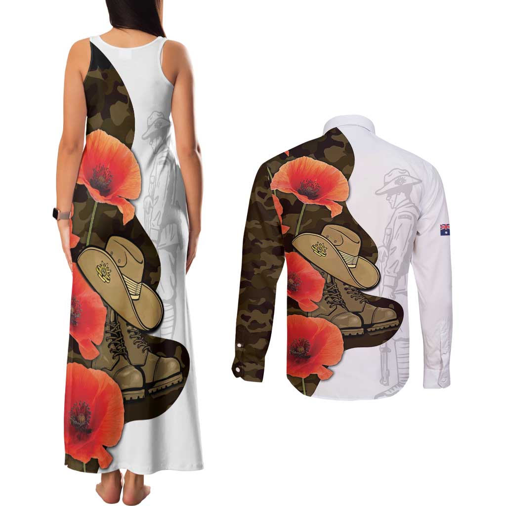 Australia ANZAC Day Couples Matching Tank Maxi Dress and Long Sleeve Button Shirt Boots And Slouch Hat Lest We Forget - Aussie Hoodie