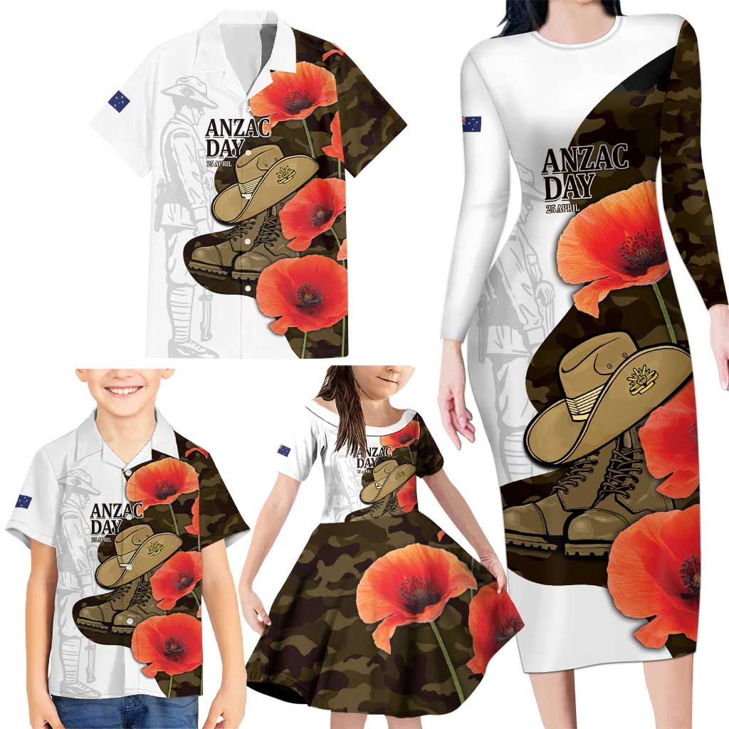 Australia ANZAC Day Family Matching Long Sleeve Bodycon Dress and Hawaiian Shirt Boots And Slouch Hat Lest We Forget