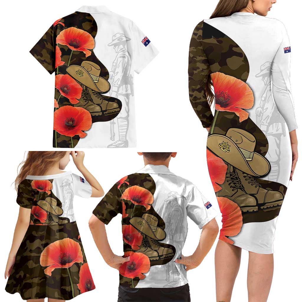 Australia ANZAC Day Family Matching Long Sleeve Bodycon Dress and Hawaiian Shirt Boots And Slouch Hat Lest We Forget