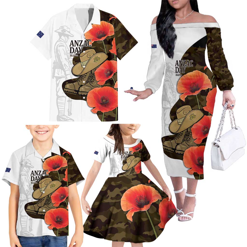 Australia ANZAC Day Family Matching Off The Shoulder Long Sleeve Dress and Hawaiian Shirt Boots And Slouch Hat Lest We Forget