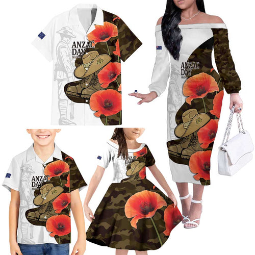 Australia ANZAC Day Family Matching Off The Shoulder Long Sleeve Dress and Hawaiian Shirt Boots And Slouch Hat Lest We Forget