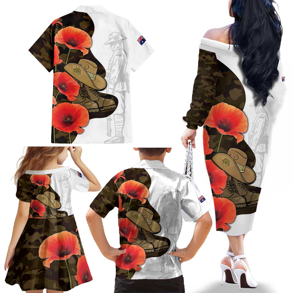 Australia ANZAC Day Family Matching Off The Shoulder Long Sleeve Dress and Hawaiian Shirt Boots And Slouch Hat Lest We Forget