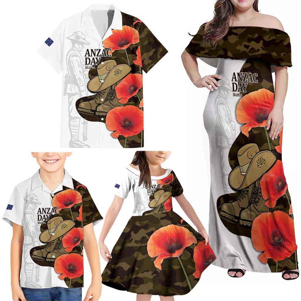 Australia ANZAC Day Family Matching Off Shoulder Maxi Dress and Hawaiian Shirt Boots And Slouch Hat Lest We Forget