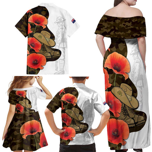 Australia ANZAC Day Family Matching Off Shoulder Maxi Dress and Hawaiian Shirt Boots And Slouch Hat Lest We Forget
