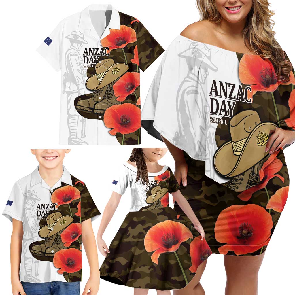 Australia ANZAC Day Family Matching Off Shoulder Short Dress and Hawaiian Shirt Boots And Slouch Hat Lest We Forget