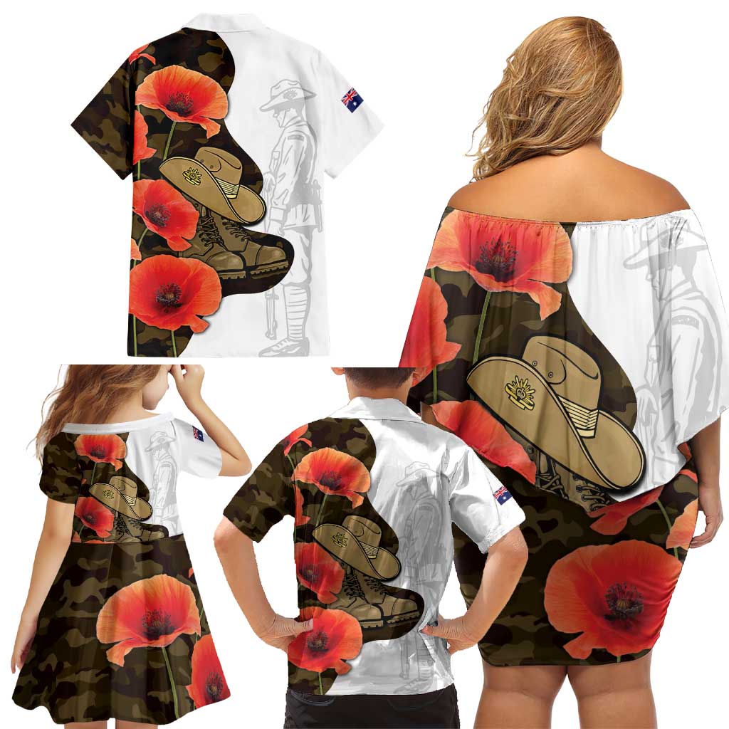 Australia ANZAC Day Family Matching Off Shoulder Short Dress and Hawaiian Shirt Boots And Slouch Hat Lest We Forget
