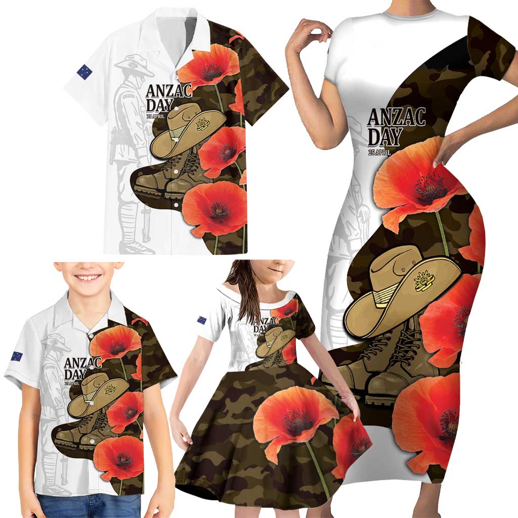 Australia ANZAC Day Family Matching Short Sleeve Bodycon Dress and Hawaiian Shirt Boots And Slouch Hat Lest We Forget