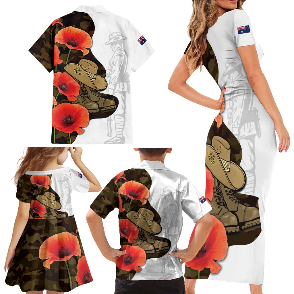 Australia ANZAC Day Family Matching Short Sleeve Bodycon Dress and Hawaiian Shirt Boots And Slouch Hat Lest We Forget