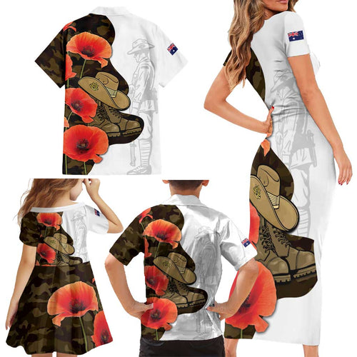 Australia ANZAC Day Family Matching Short Sleeve Bodycon Dress and Hawaiian Shirt Boots And Slouch Hat Lest We Forget