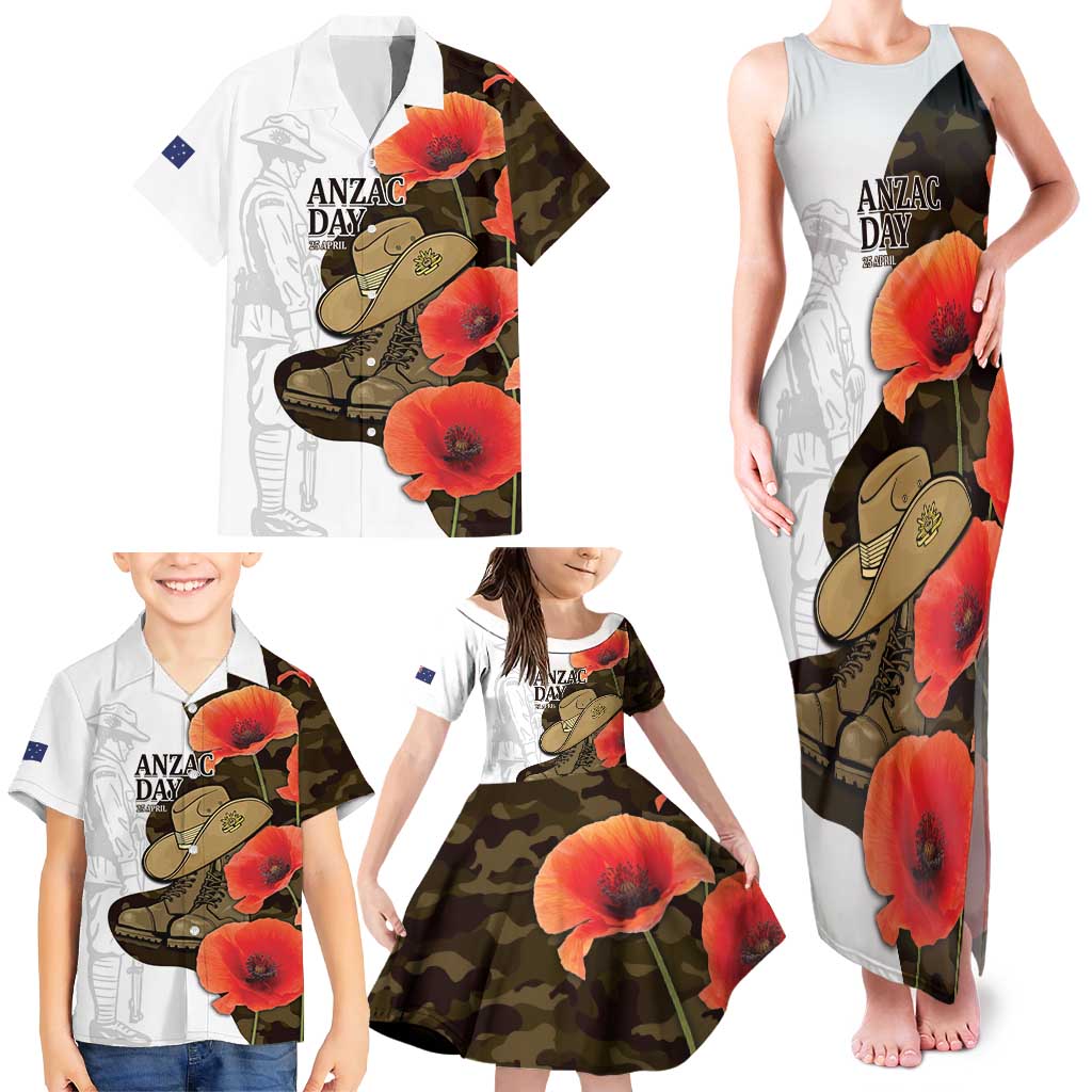 Australia ANZAC Day Family Matching Tank Maxi Dress and Hawaiian Shirt Boots And Slouch Hat Lest We Forget