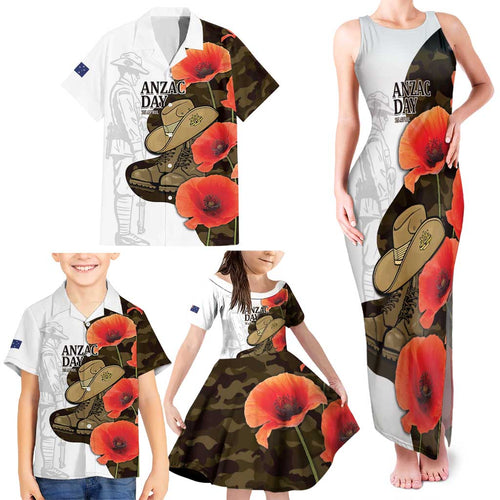 Australia ANZAC Day Family Matching Tank Maxi Dress and Hawaiian Shirt Boots And Slouch Hat Lest We Forget