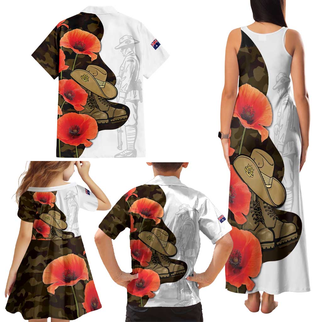 Australia ANZAC Day Family Matching Tank Maxi Dress and Hawaiian Shirt Boots And Slouch Hat Lest We Forget