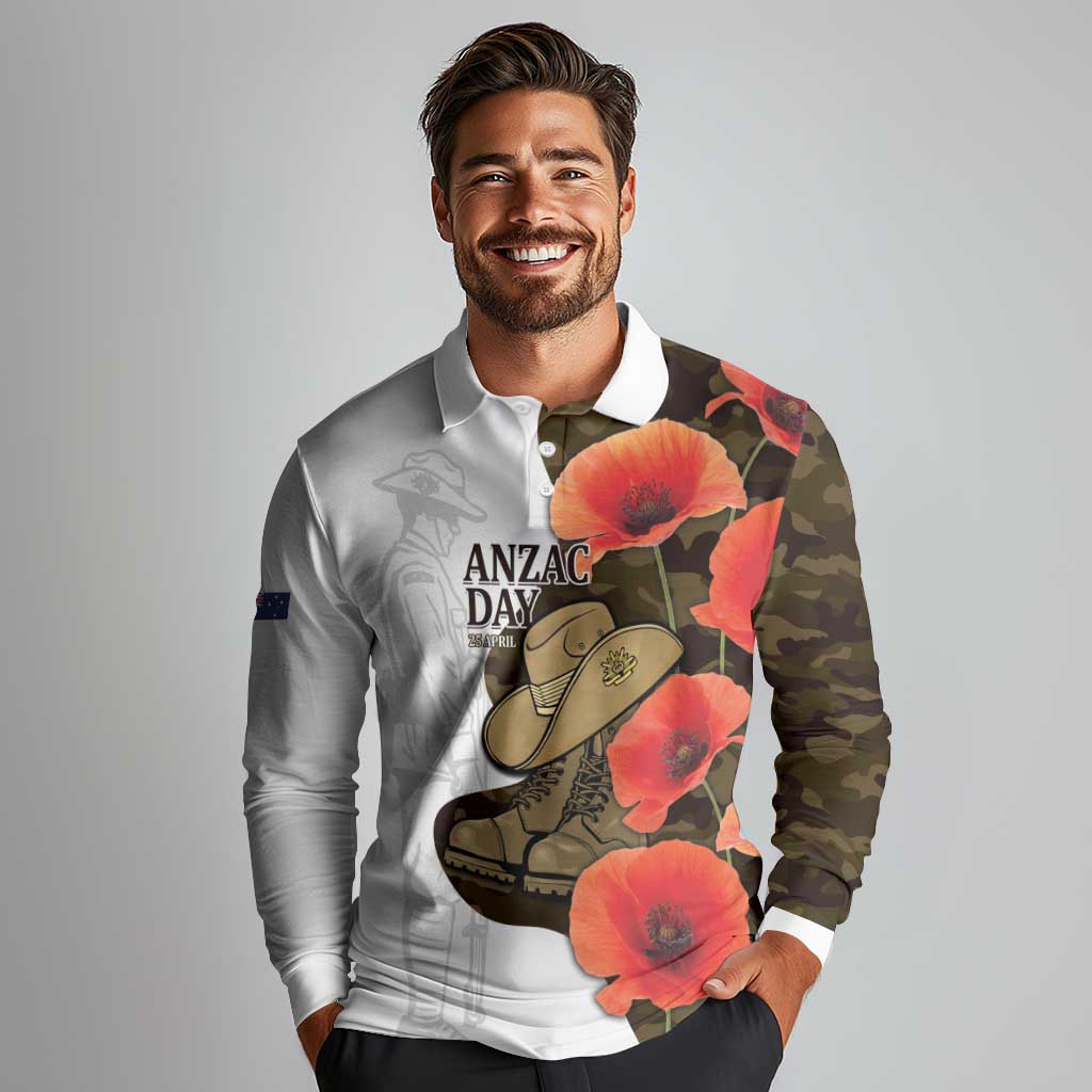 Australia ANZAC Day Long Sleeve Polo Shirt Boots And Slouch Hat Lest We Forget - Aussie Hoodie