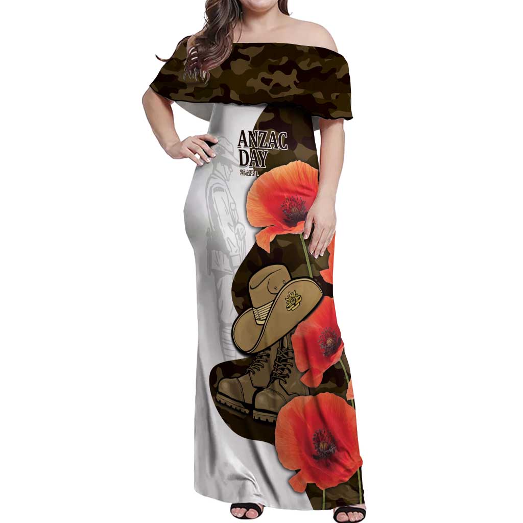 Australia ANZAC Day Off Shoulder Maxi Dress Boots And Slouch Hat Lest We Forget - Aussie Hoodie