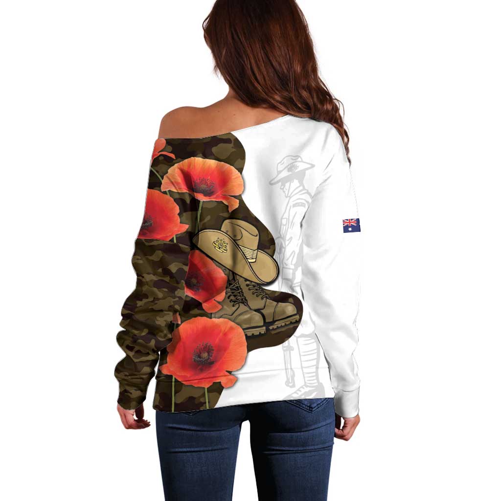 Australia ANZAC Day Off Shoulder Sweater Boots And Slouch Hat Lest We Forget - Aussie Hoodie