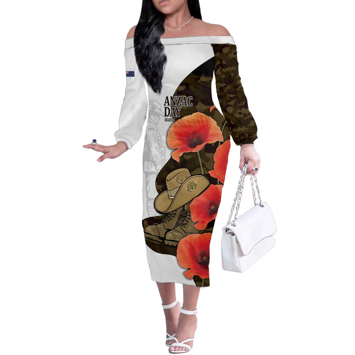 Australia ANZAC Day Off The Shoulder Long Sleeve Dress Boots And Slouch Hat Lest We Forget - Aussie Hoodie