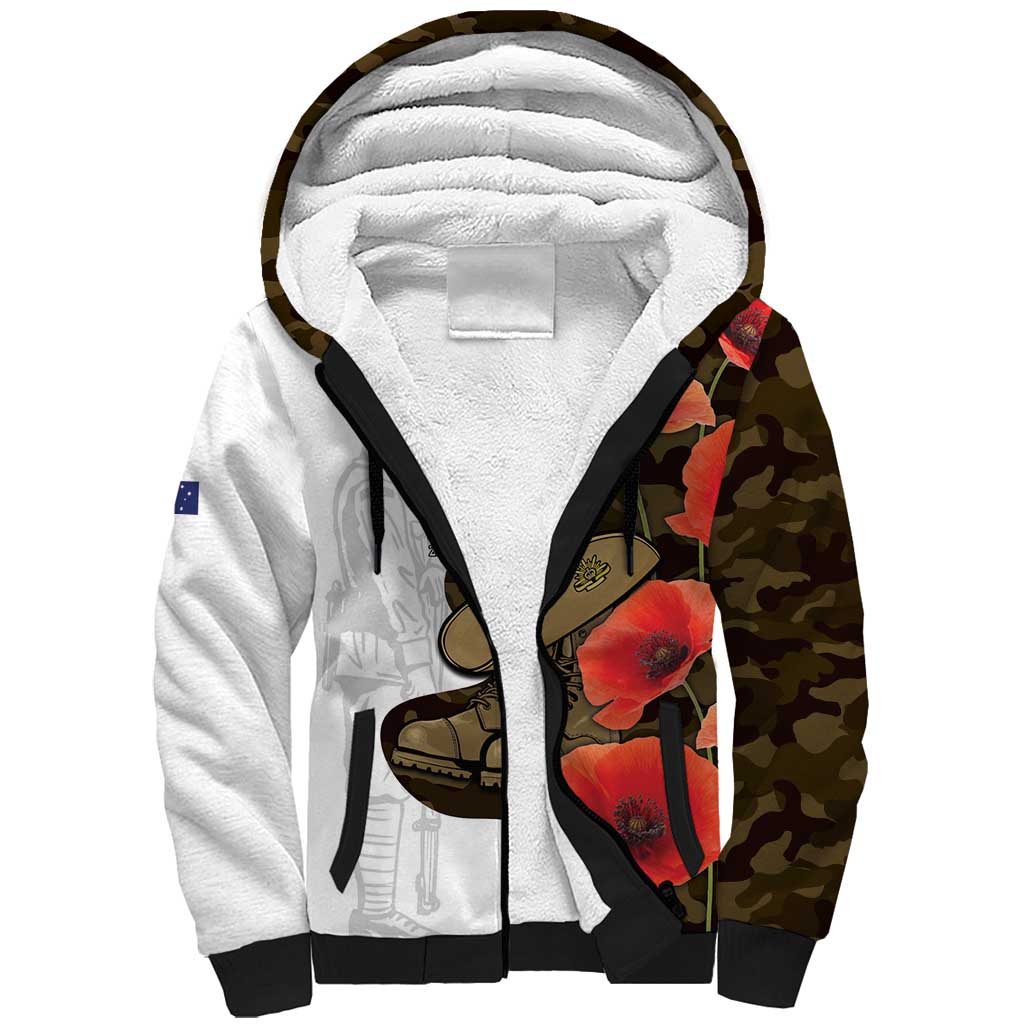 Australia ANZAC Day Sherpa Hoodie Boots And Slouch Hat Lest We Forget - Aussie Hoodie