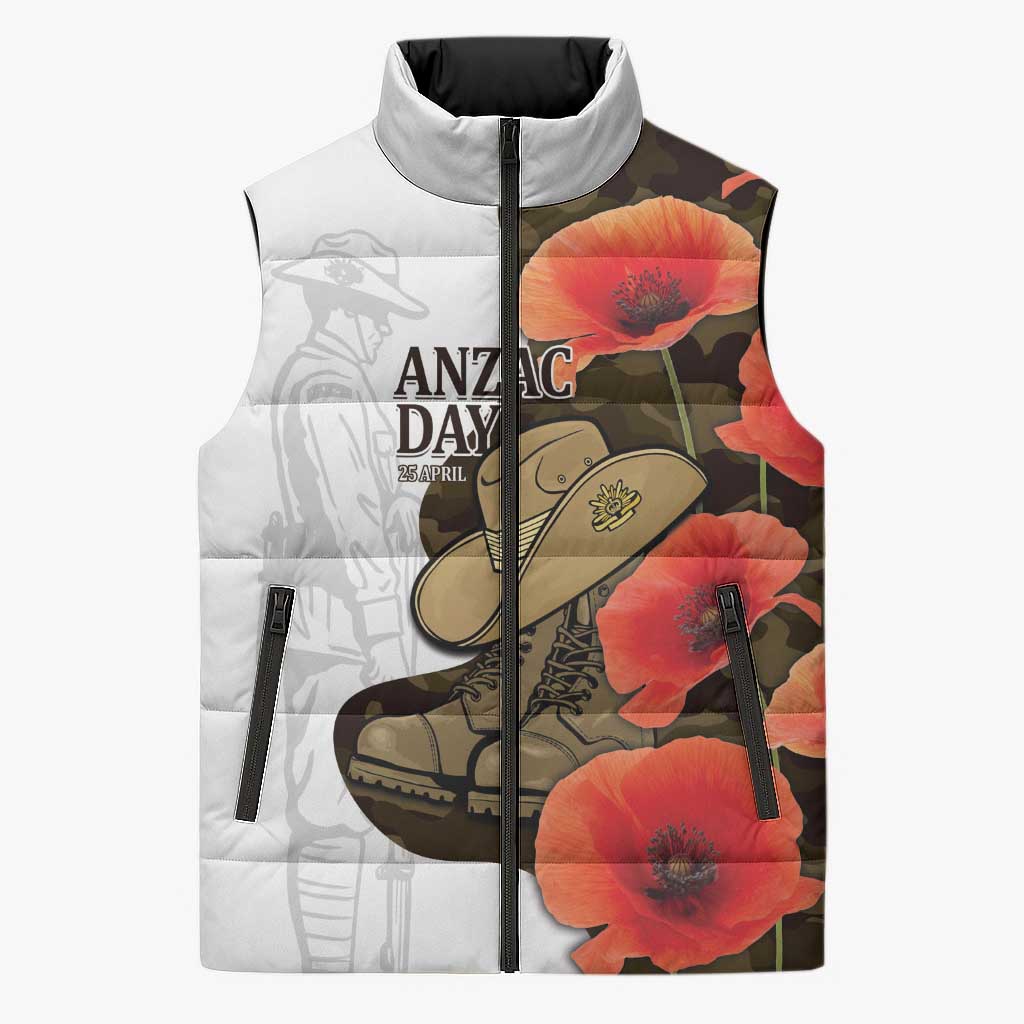 Australia ANZAC Day Sleeveless Puffer Jacket Boots And Slouch Hat Lest We Forget - Aussie Hoodie