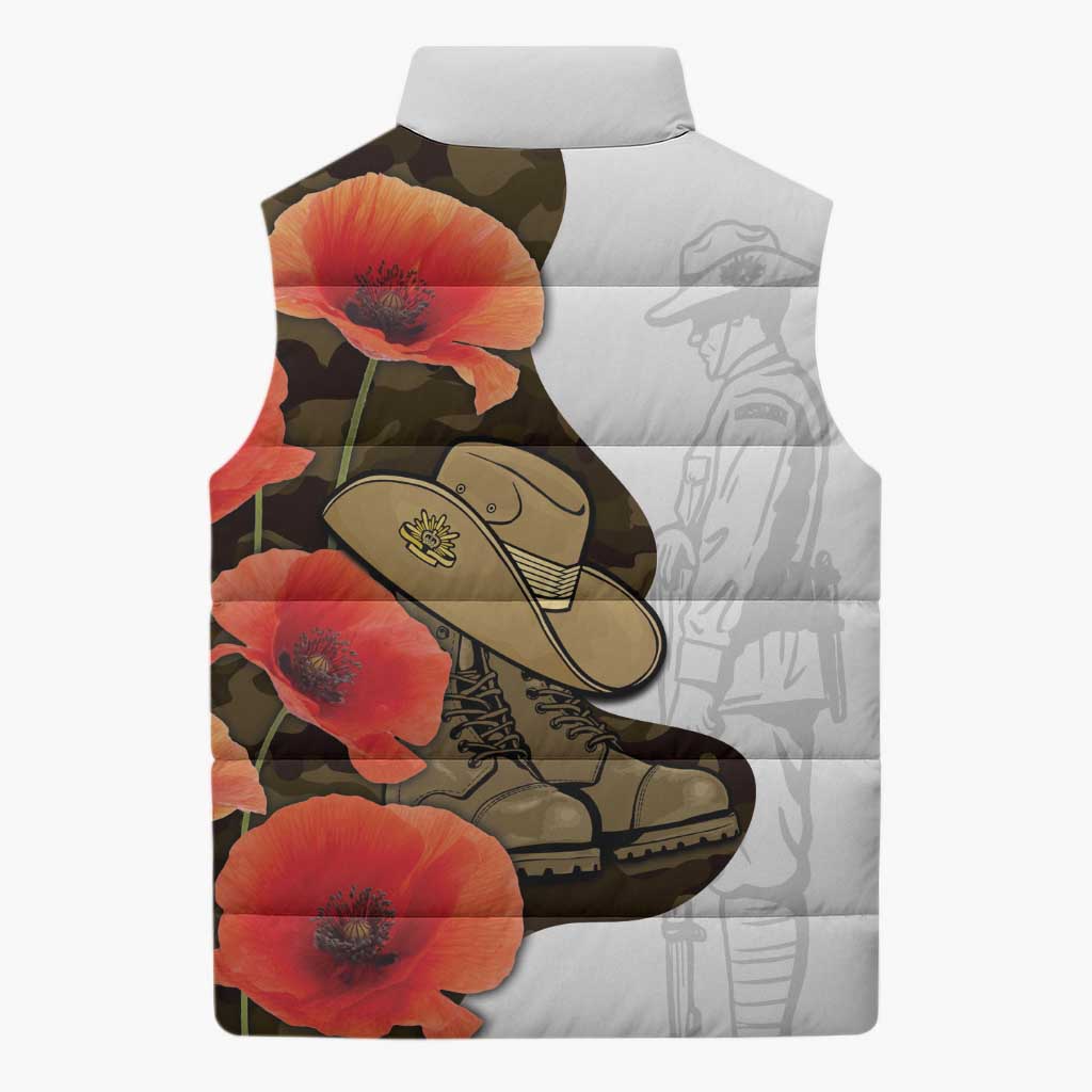 Australia ANZAC Day Sleeveless Puffer Jacket Boots And Slouch Hat Lest We Forget - Aussie Hoodie