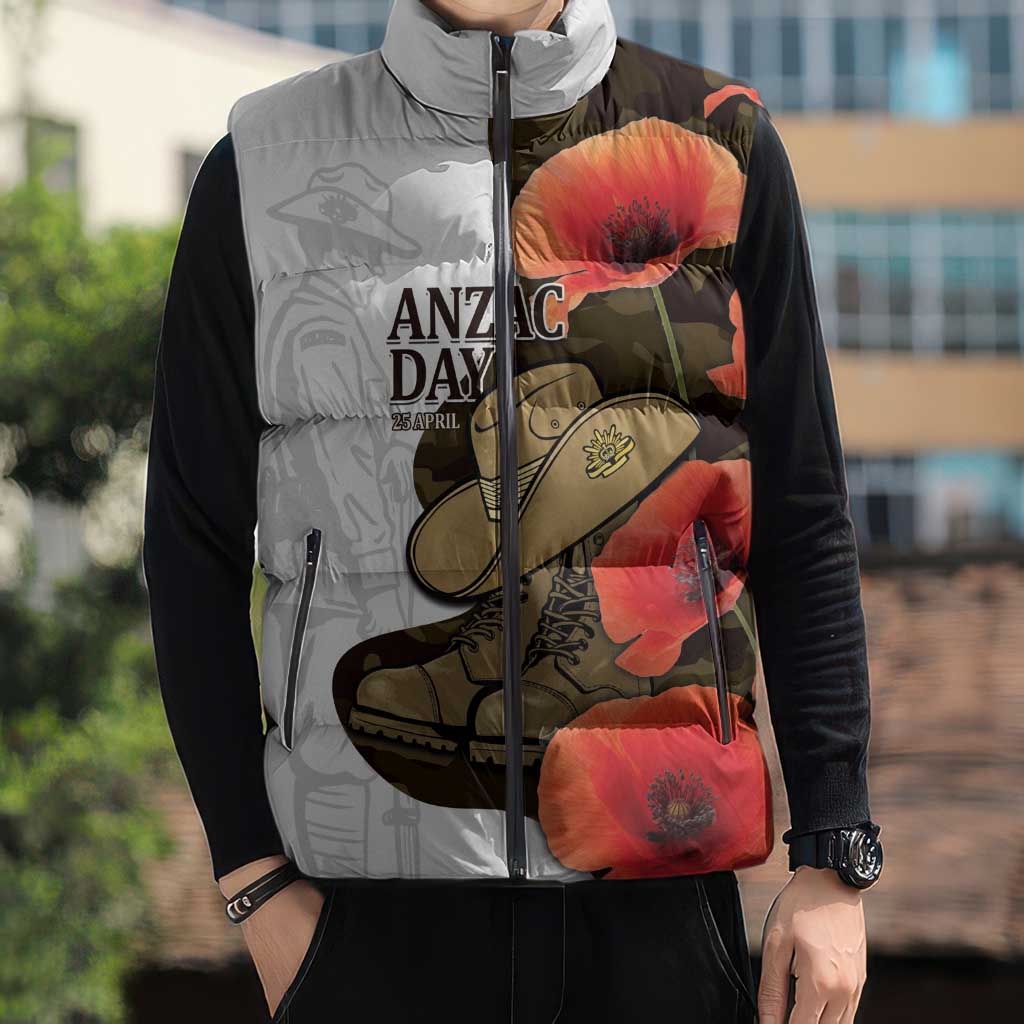 Australia ANZAC Day Sleeveless Puffer Jacket Boots And Slouch Hat Lest We Forget - Aussie Hoodie