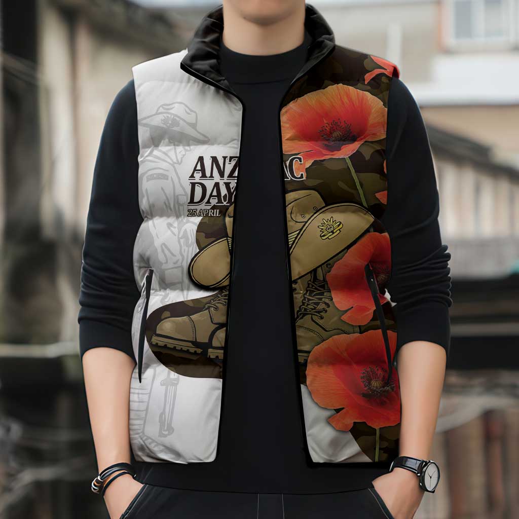 Australia ANZAC Day Sleeveless Puffer Jacket Boots And Slouch Hat Lest We Forget - Aussie Hoodie
