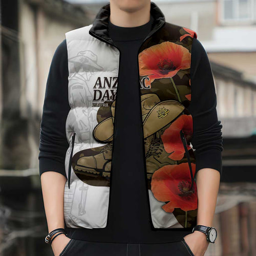 Australia ANZAC Day Sleeveless Puffer Jacket Boots And Slouch Hat Lest We Forget - Aussie Hoodie