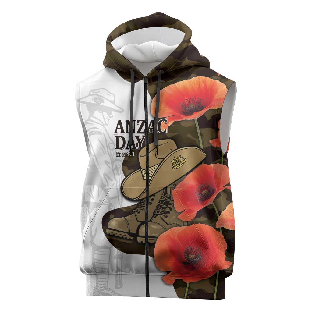 Australia ANZAC Day Sleeveless Zip Hoodie Boots And Slouch Hat Lest We Forget - Aussie Hoodie