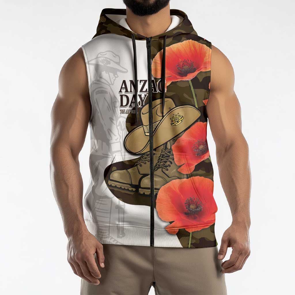 Australia ANZAC Day Sleeveless Zip Hoodie Boots And Slouch Hat Lest We Forget - Aussie Hoodie