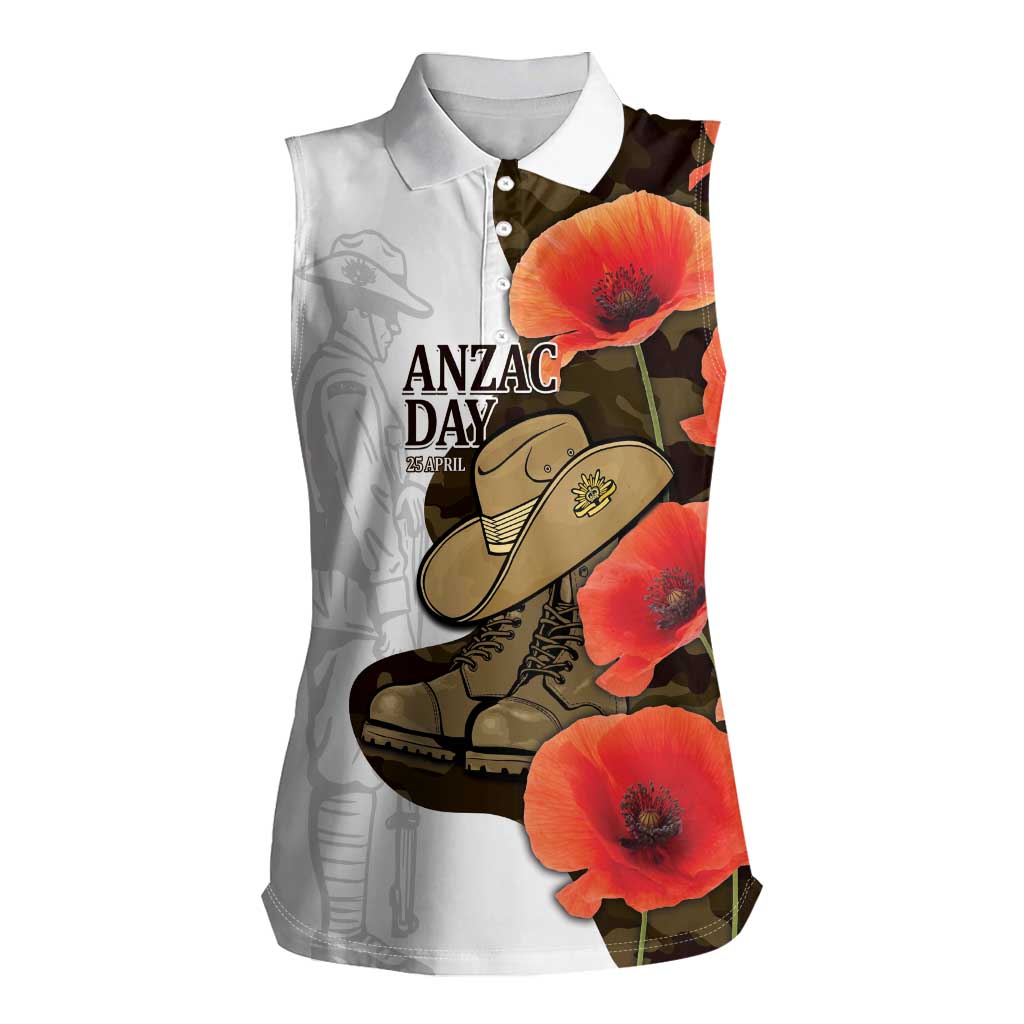 Australia ANZAC Day Women Sleeveless Polo Shirt Boots And Slouch Hat Lest We Forget - Aussie Hoodie