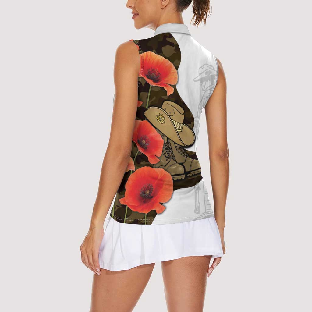 Australia ANZAC Day Women Sleeveless Polo Shirt Boots And Slouch Hat Lest We Forget - Aussie Hoodie