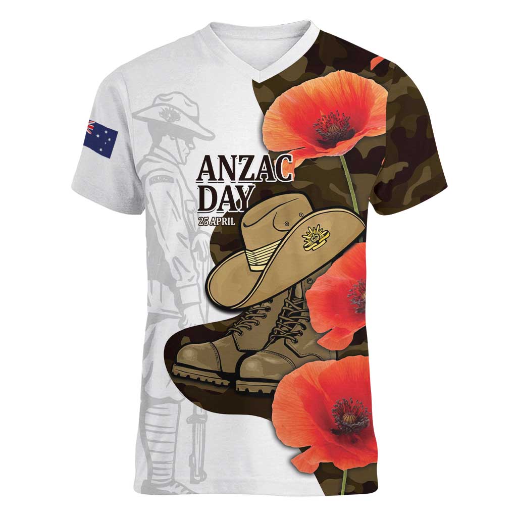 Australia ANZAC Day Women V-Neck T-Shirt Boots And Slouch Hat Lest We Forget - Aussie Hoodie