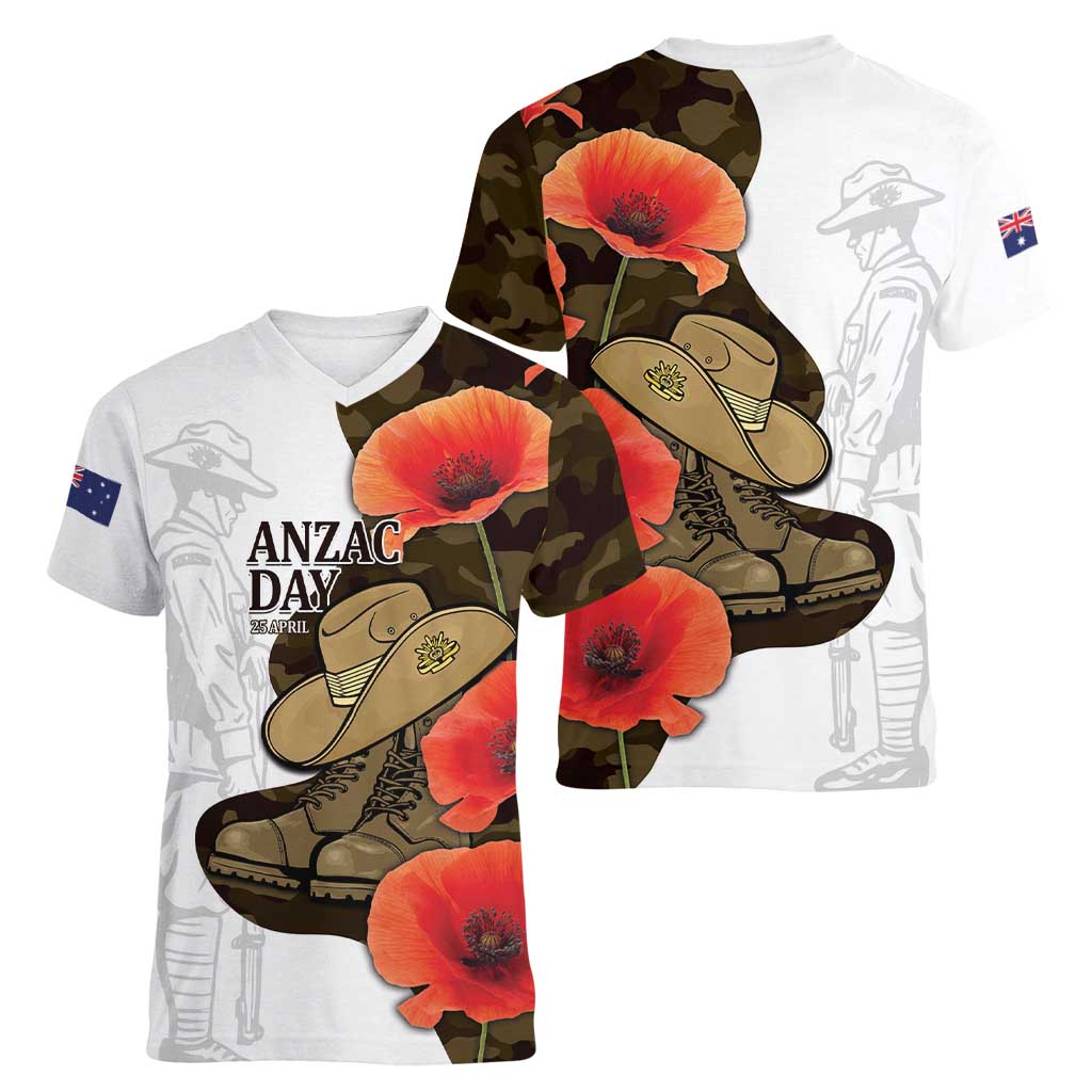 Australia ANZAC Day Women V-Neck T-Shirt Boots And Slouch Hat Lest We Forget - Aussie Hoodie