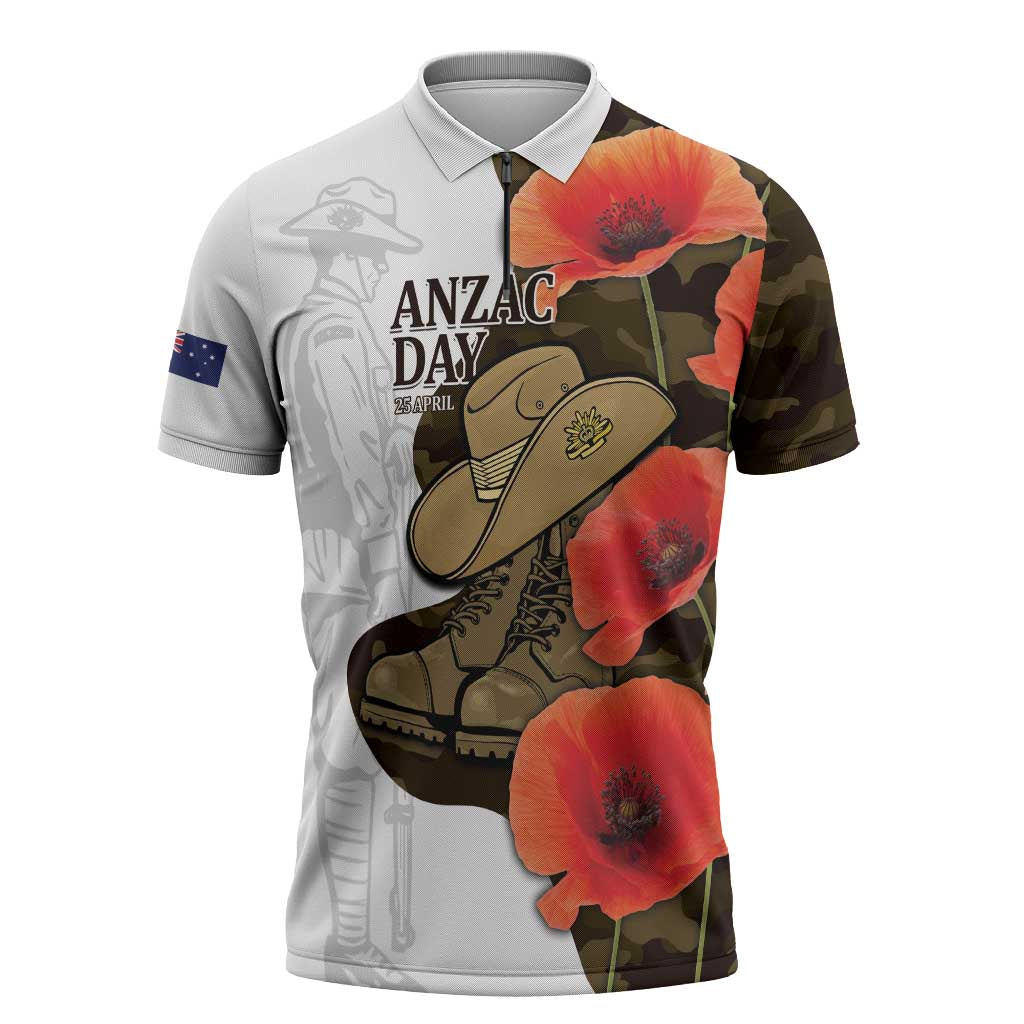 Australia ANZAC Day Zipper Polo Shirt Boots And Slouch Hat Lest We Forget - Aussie Hoodie