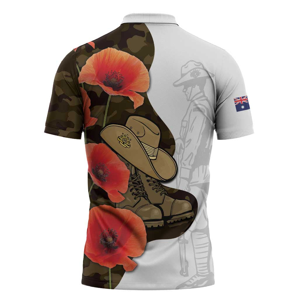 Australia ANZAC Day Zipper Polo Shirt Boots And Slouch Hat Lest We Forget - Aussie Hoodie