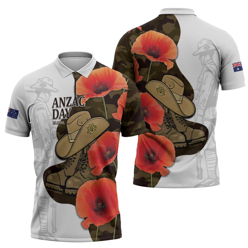 Australia ANZAC Day Zipper Polo Shirt Boots And Slouch Hat Lest We Forget - Aussie Hoodie