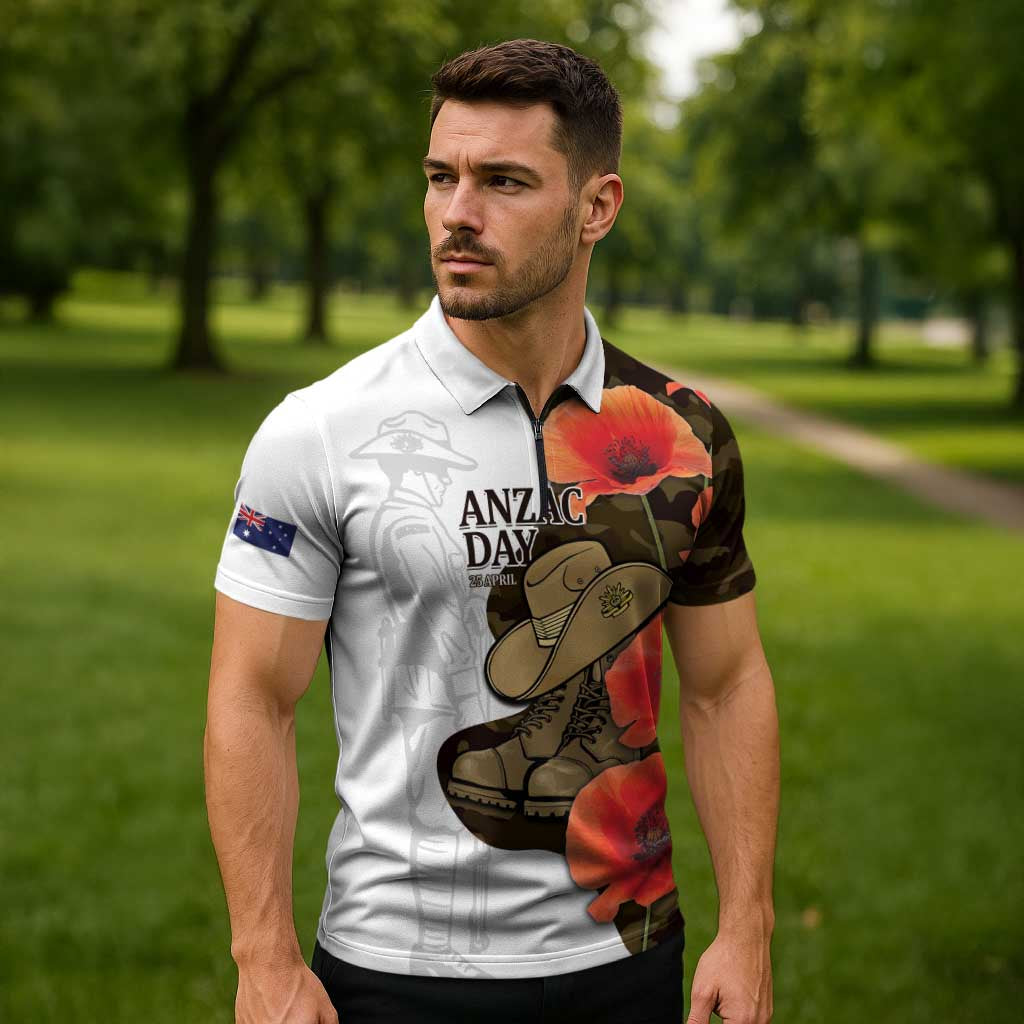 Australia ANZAC Day Zipper Polo Shirt Boots And Slouch Hat Lest We Forget - Aussie Hoodie
