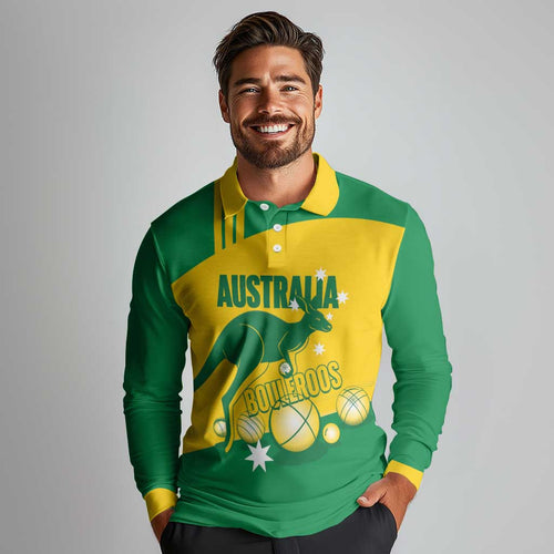 Custom Australia Petanque Long Sleeve Polo Shirt Aussie Kangaroo Bouleroos National Color