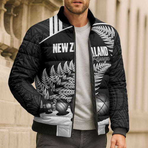Custom New Zealand Silver Fern Petanque Bomber Puffer Jacket Aotearoa Maori Pattern