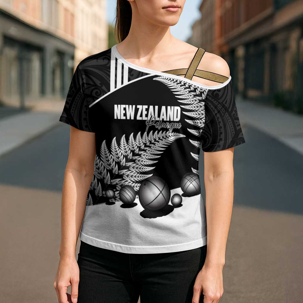 Custom New Zealand Silver Fern Petanque Cross Shoulder Shirt Aotearoa Maori Pattern