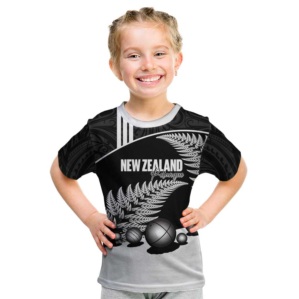 Custom New Zealand Silver Fern Petanque Kid T Shirt Aotearoa Maori Pattern
