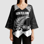 Custom New Zealand Silver Fern Petanque Kimono Sleeve Blouse Aotearoa Maori Pattern